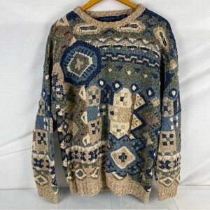 VINTAGE 90s UNISEX NORTHERN ISLES HAND KNIT-MULTICOLOUR GEOMETRIC SWEATER SIZE L